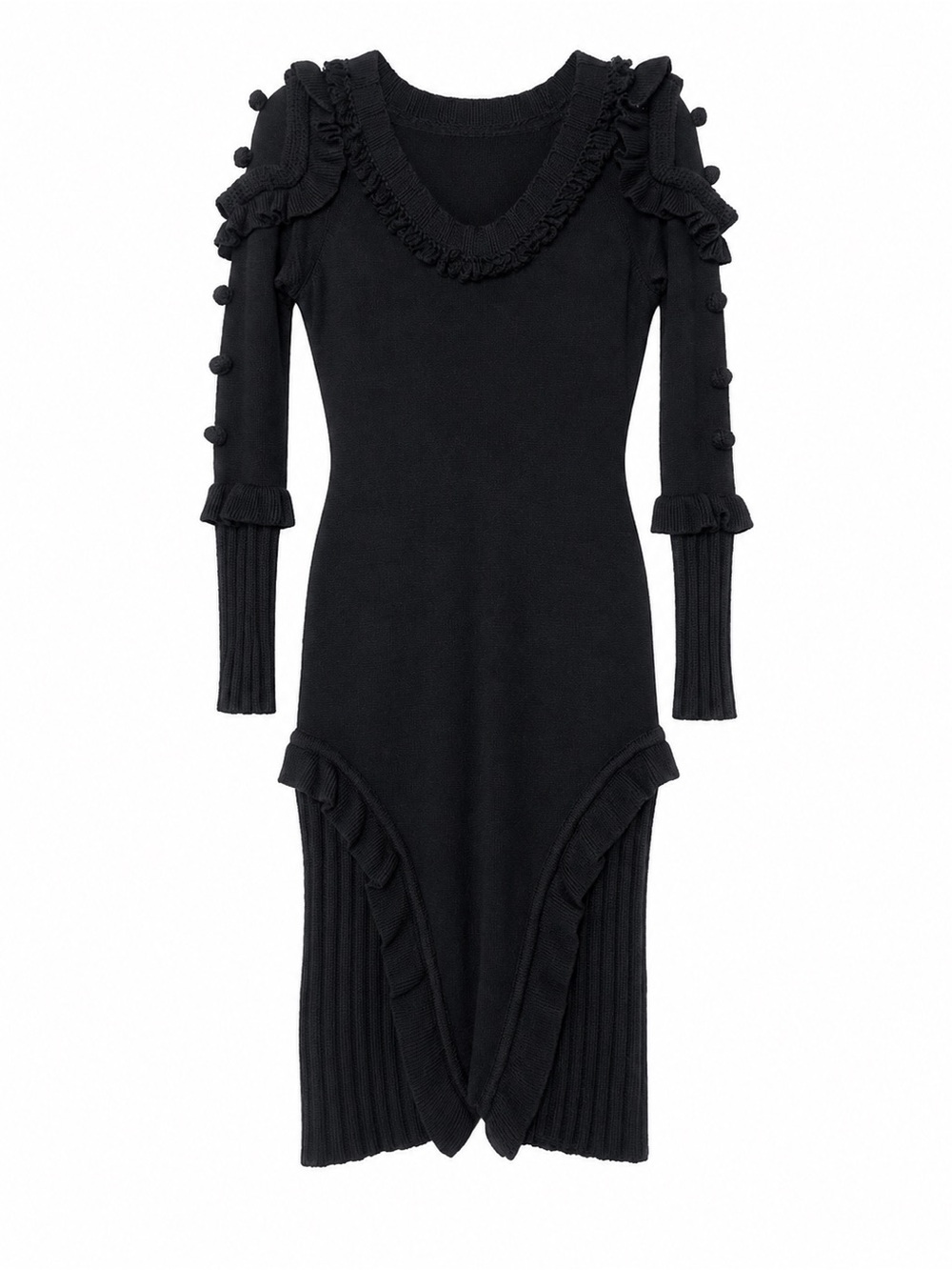 Temperley London Vintage Black Wool Ruffle Pom-Pom Dress M